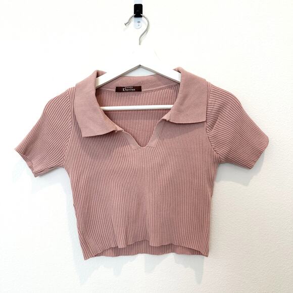 Pink cropped ribbed collared short sleeve top small - Picture 2 of 3